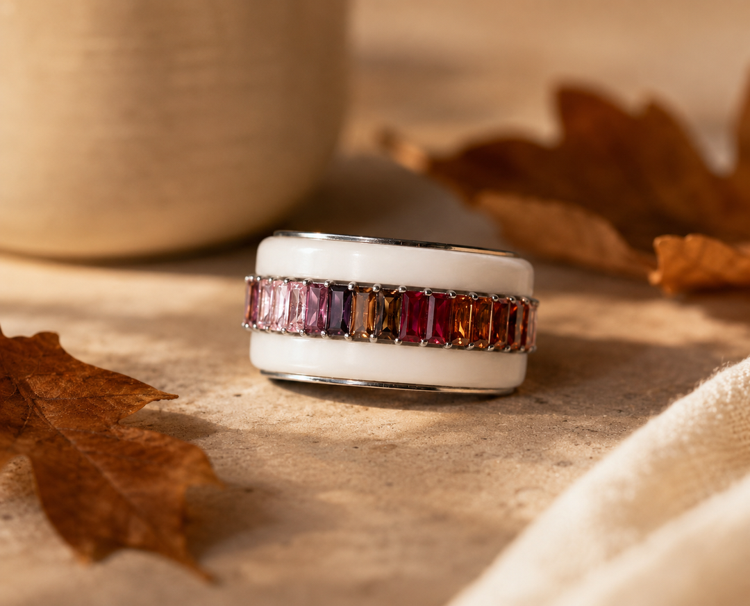 🍂 Anneau (deux tiers) « Auraline Automne » en argent 925 serti de zircons baguette aux tons d’automne