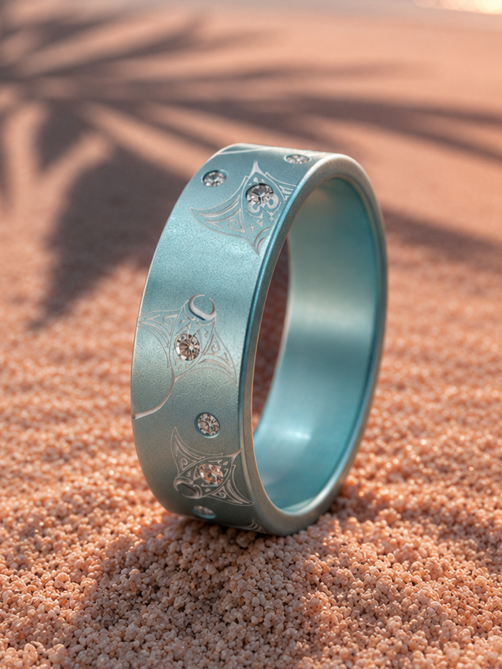 🐟 Anneau "Mantélis" en aluminium bleu pastel serti pour bague mood interchangeable