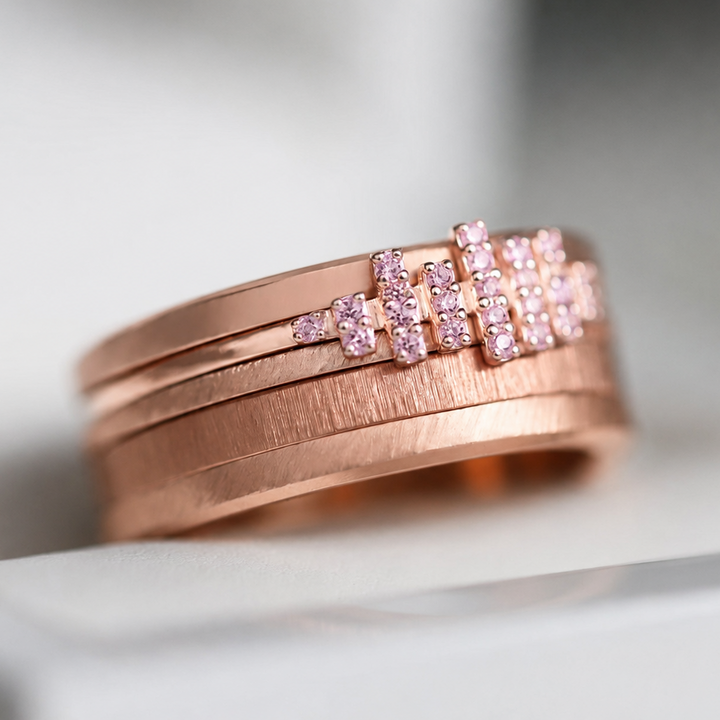 ✨ Stellar Cut Rose Gold 💠 Mini 3D center en argent rose gold serti de zircons roses — édition spéciale étoiles & planètes