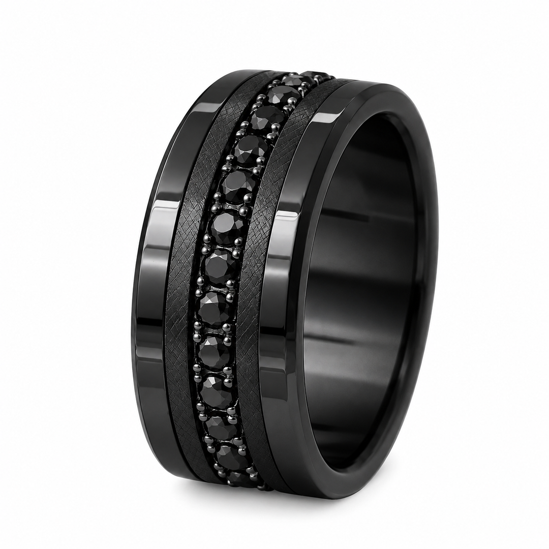 ✨ Aura Obscura Full Black 💍 Anneau (addon medium) en argent black serti de zircons noirs — édition spéciale étoiles & planètes