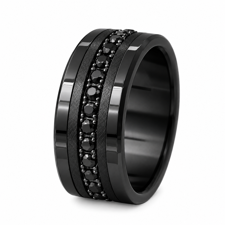 ✨ Aura Obscura Full Black 💍 Anneau (addon medium) en argent black serti de zircons noirs — édition spéciale étoiles & planètes