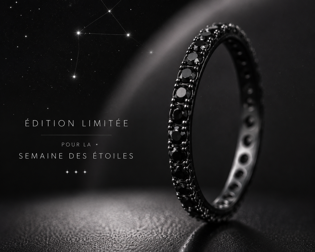✨ Aura Obscura Full Black 💍 Anneau (addon medium) en argent black serti de zircons noirs — édition spéciale étoiles & planètes