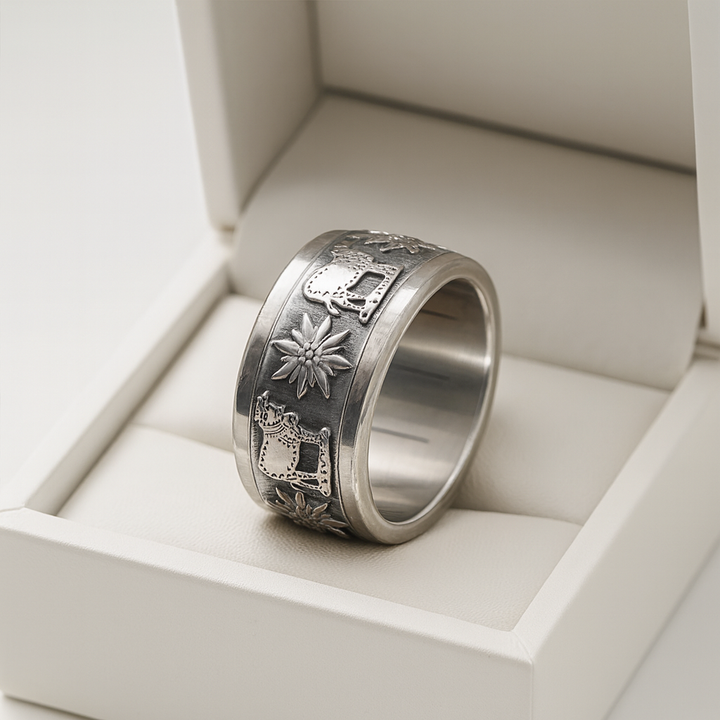 Bague mood complète en argent avec motifs suisses Edelweiss et vache à l'alpage