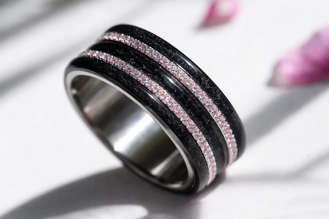 Voile Céleste 🖤  anneau (medium) en argent 925 avec un revêtement en émail noir - paillettes