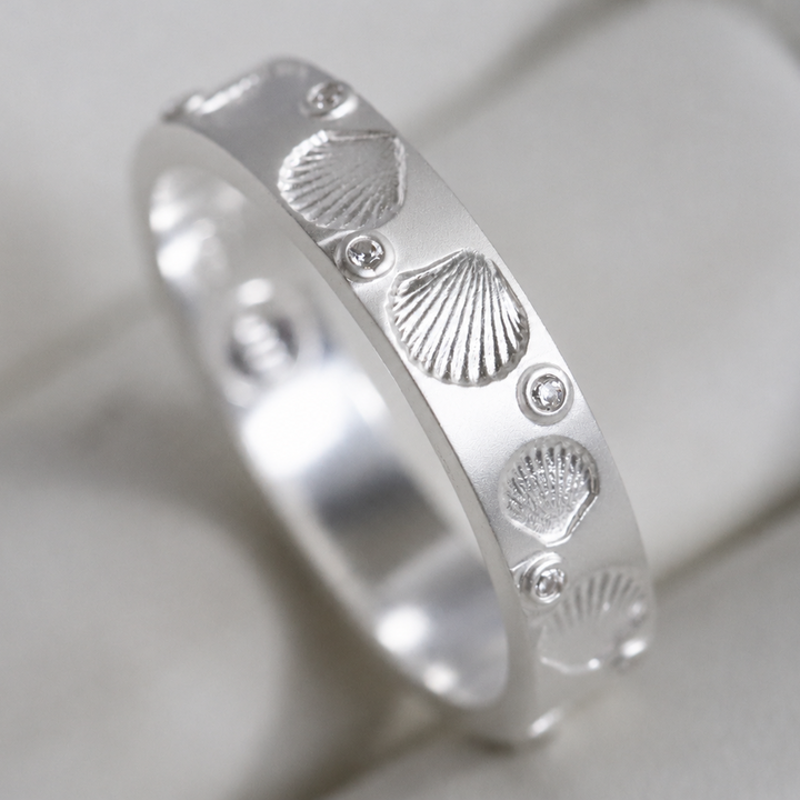 🐚 Ring (2/3 Addon) „Aphros“ aus satiniertem Silber, Muschelabdruck