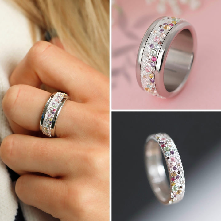 Inner ring (2/3 addon) "Willow" in polished silver set with zircons for interchangeable mood ring