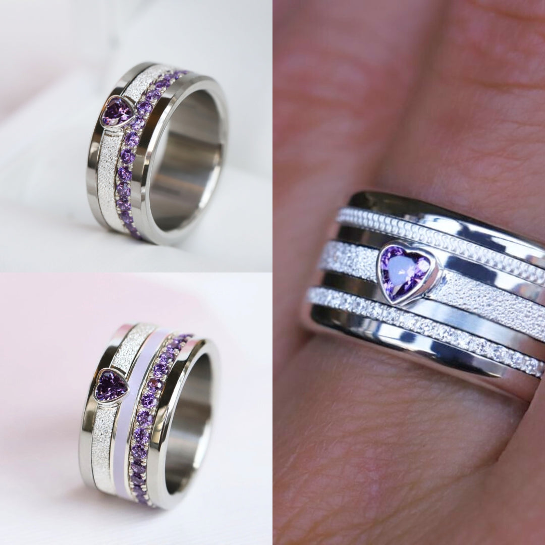 Open Heart - purple 💜 Medium 3D center en argent glitter 925 avec zircon violet pour bague mood interchangeable
