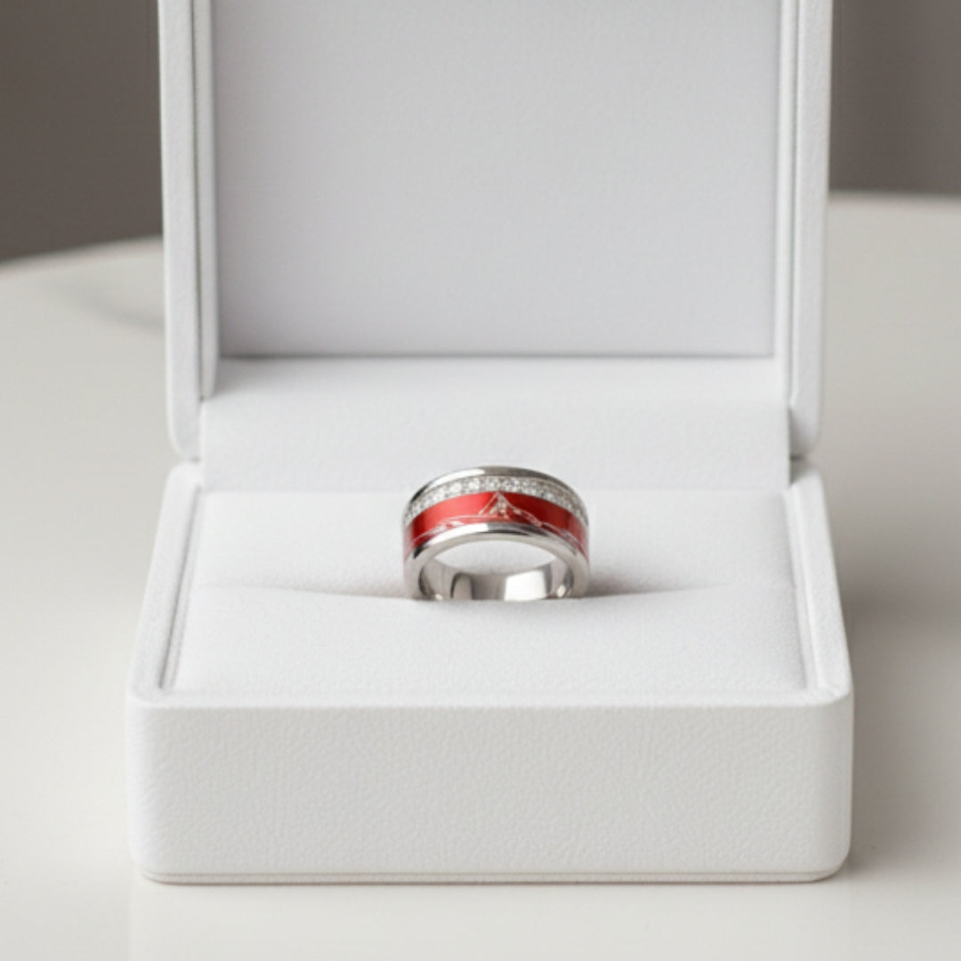 coffret joaillerie bague mood interchangeable haut de gamme en argent et aluminium avec gravure du Cervin zermatt Matterhorn rouge