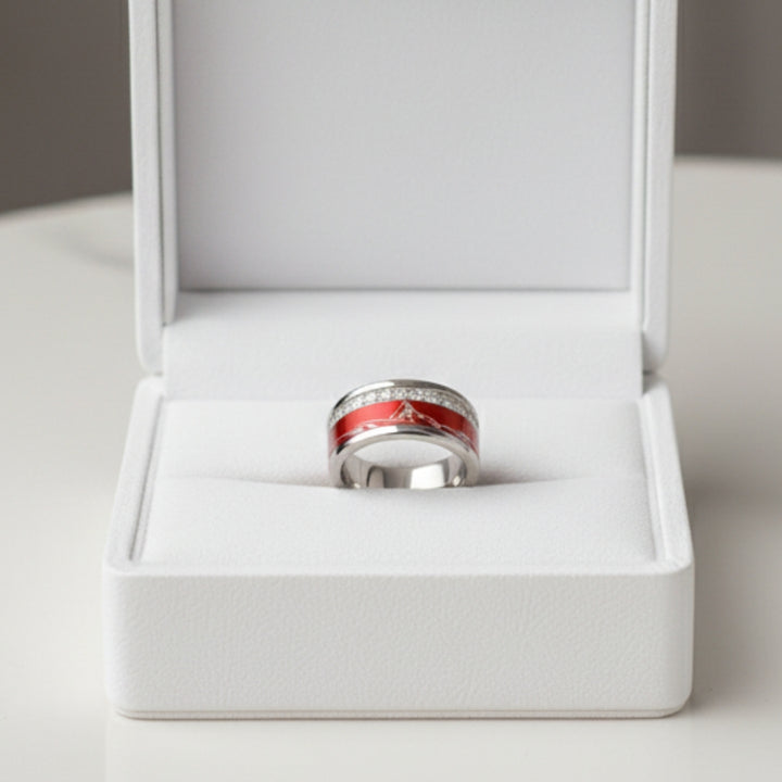 coffret joaillerie bague mood interchangeable haut de gamme en argent et aluminium avec gravure du Cervin zermatt Matterhorn rouge