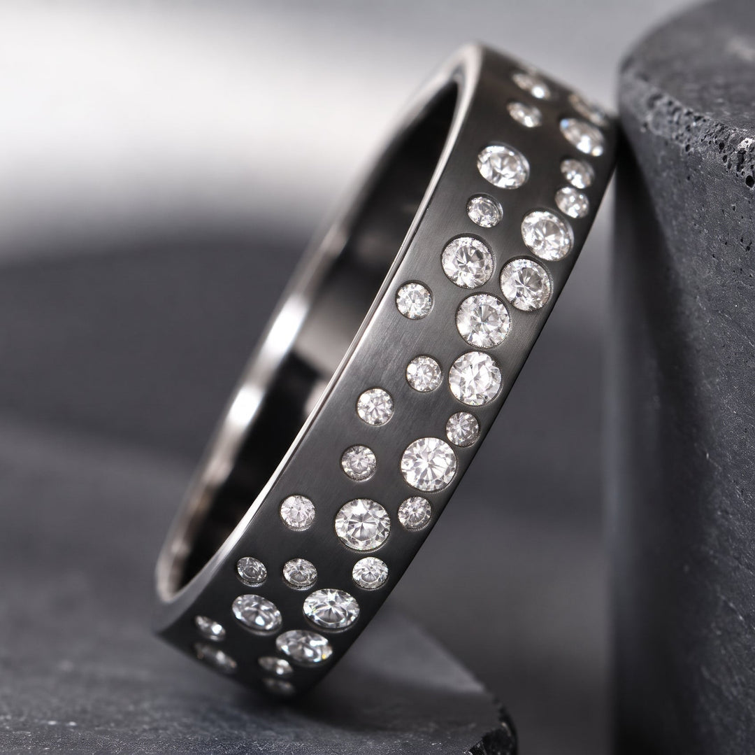 Anneau (deux tiers) "Willow Nocturne" en argent anthracite serti de zircons blancs pour bague mood interchangeable