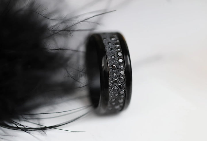 Anneau (deux tiers) "Willow Black" en argent glitter noir serti de zircons noirs pour bague mood interchangeable