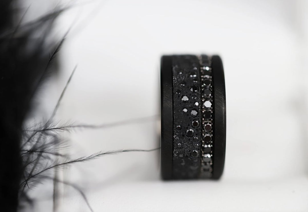 Anneau (deux tiers) "Willow Black" en argent glitter noir serti de zircons noirs pour bague mood interchangeable