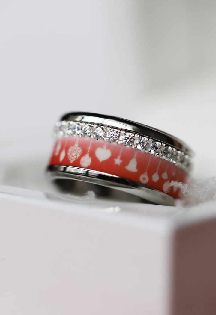 21 🎁 Anneau (addon ou deux tiers) "Confettis d'hiver" en polymère rouge - blanc sablé