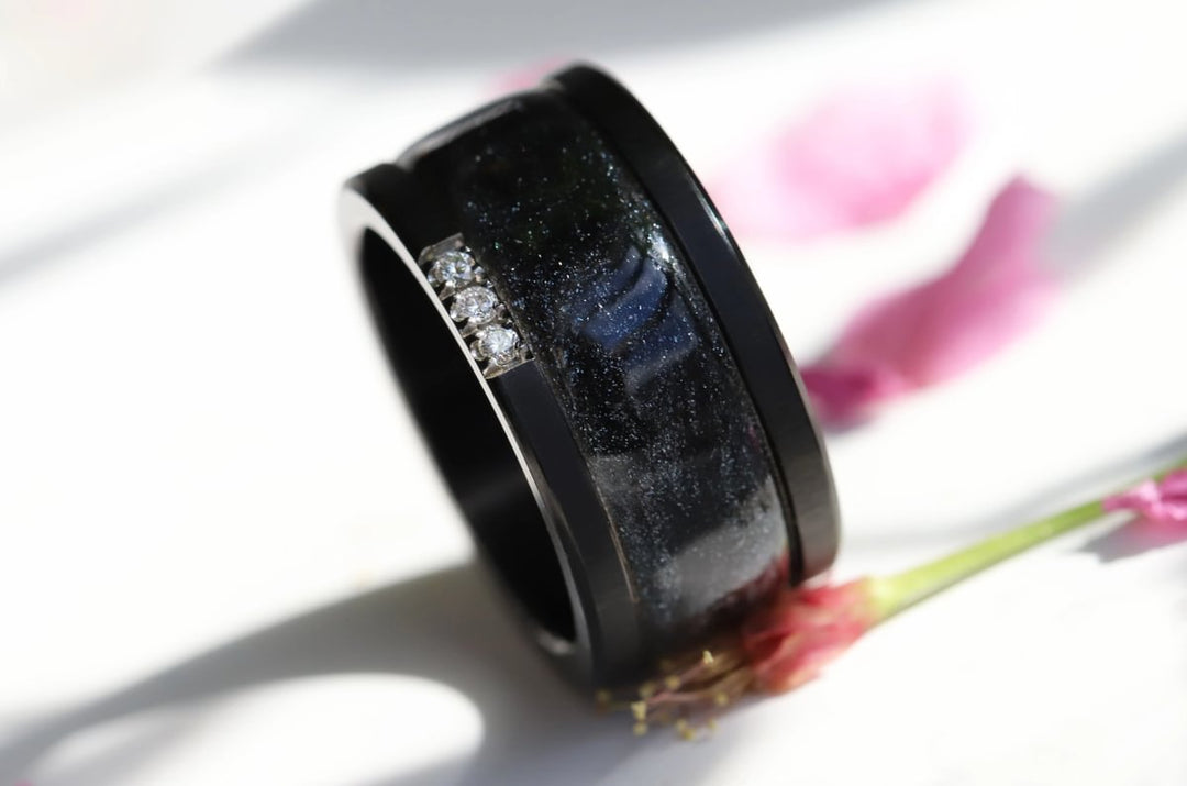 Voile Céleste 🖤  anneau (addon) en argent 925 avec un revêtement en émail noir - paillettes