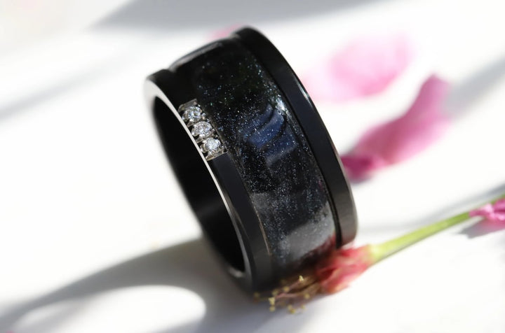 Voile Céleste 🖤  anneau (addon) en argent 925 avec un revêtement en émail noir - paillettes