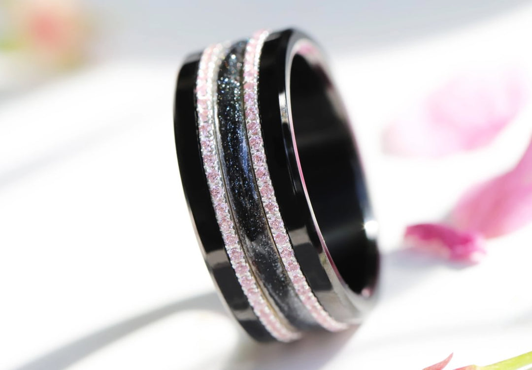 Voile Céleste 🖤  anneau (medium) en argent 925 avec un revêtement en émail noir - paillettes