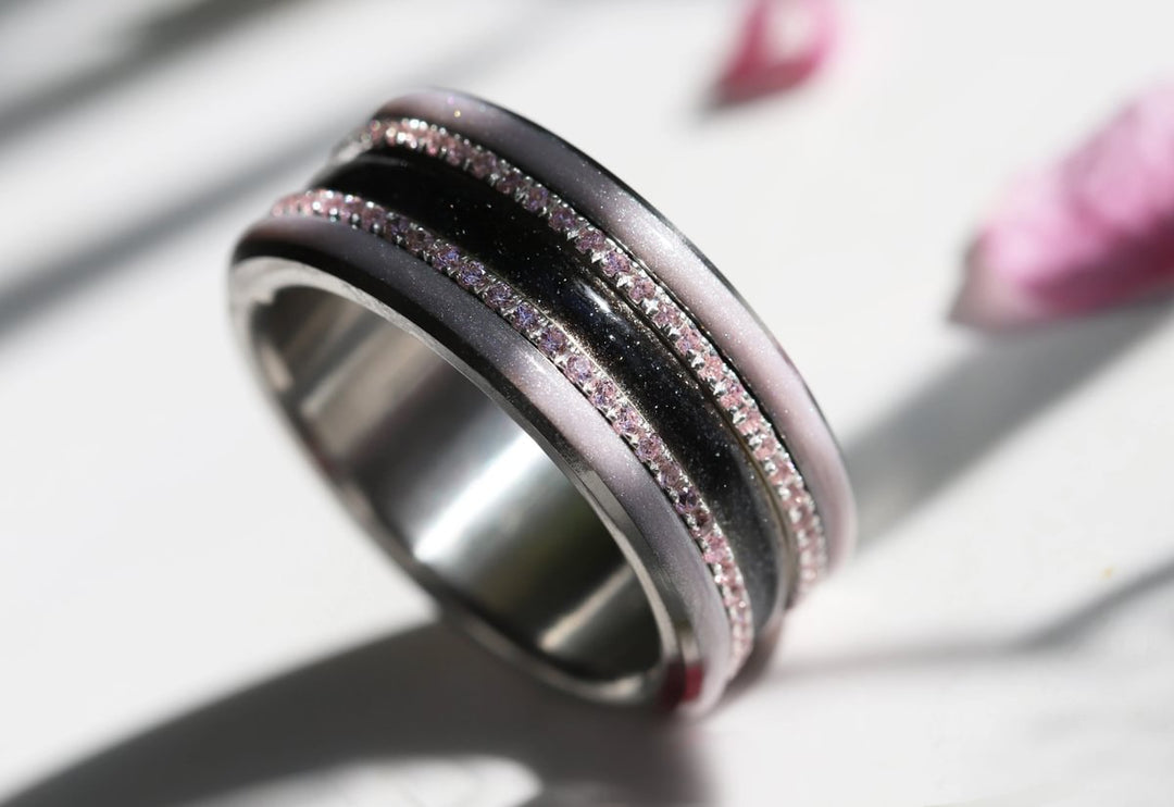 Voile Céleste 🖤  anneau (medium) en argent 925 avec un revêtement en émail noir - paillettes