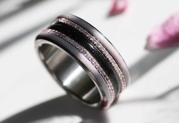 Voile Céleste 🖤  anneau (medium) en argent 925 avec un revêtement en émail noir - paillettes