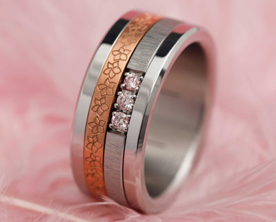 Medium Addon in wrinkled steel set with 3 pink diamonds "PUR"