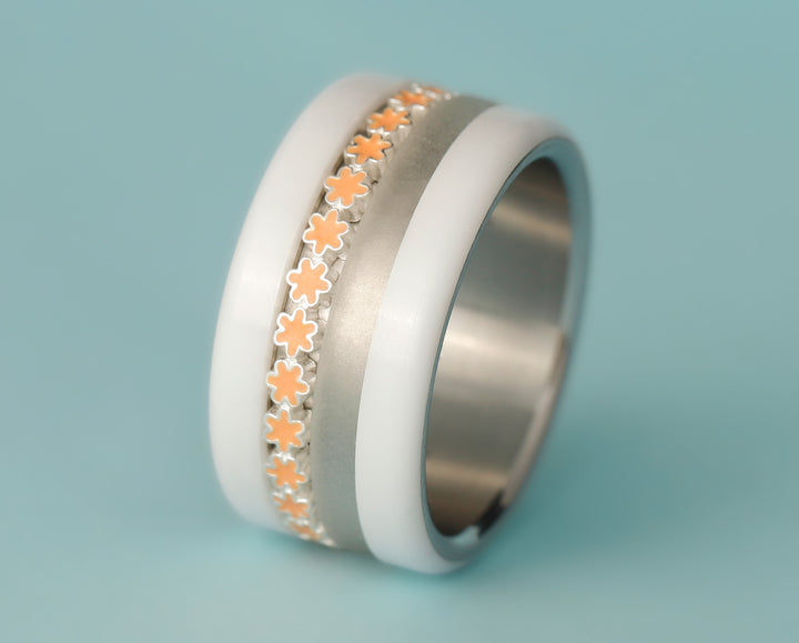🌼🟠 Inner ring (medium addon) in 925 silver with coral enamel treatment, Ocean of petals for interchangeable mood ring 🟠🌼