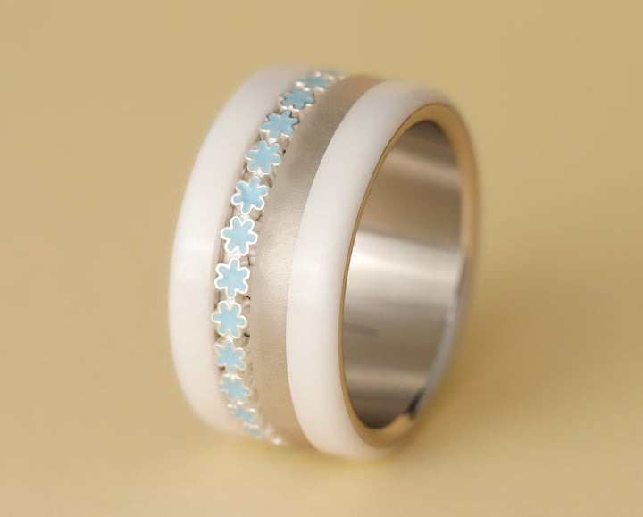🌼🔵 Inner ring (medium addon) in 925 silver with pastel blue enamel treatment, Ocean of petals for interchangeable mood ring🔵🌼