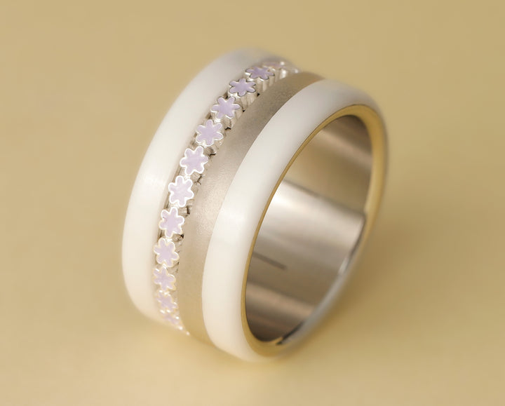 🌼🟣 Inner ring (medium addon) in 925 silver with pastel purple enamel treatment, Ocean of petals for interchangeable mood ring 🟣🌼