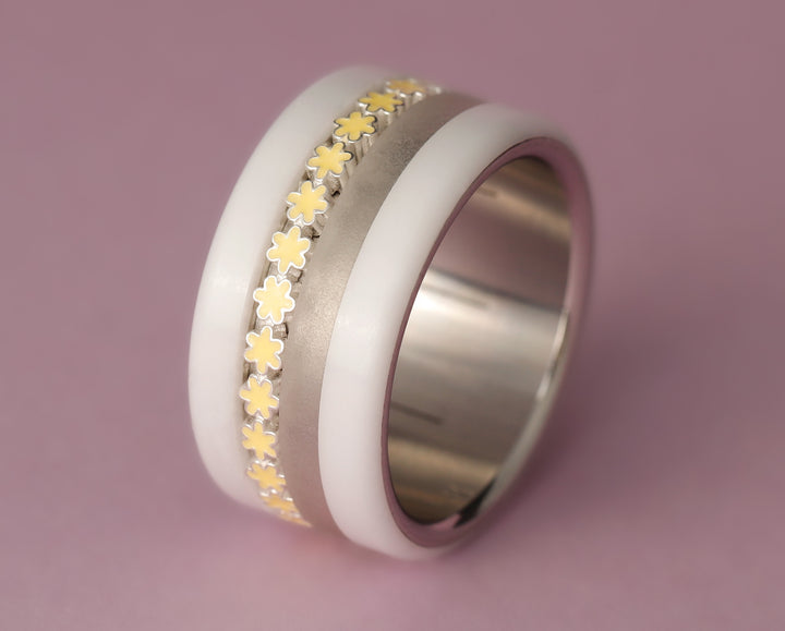 🌼🟡 Anneau (addon medium) en argent 925 avec traitement en émail jaune pastel, Océan de pétales pour bague mood interchangeable🟡🌼