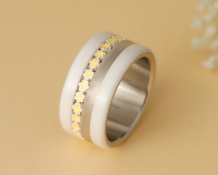 🌼🟡 Anneau (addon medium) en argent 925 avec traitement en émail jaune pastel, Océan de pétales pour bague mood interchangeable🟡🌼
