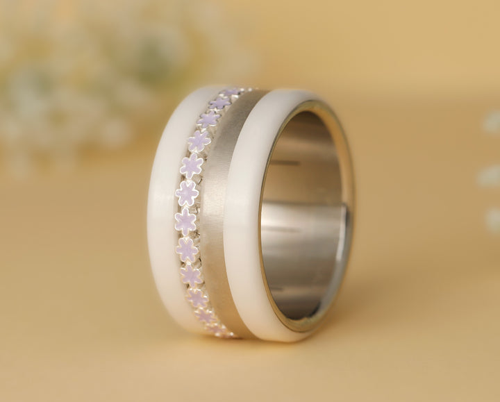 🌼🟣 Inner ring (medium addon) in 925 silver with pastel purple enamel treatment, Ocean of petals for interchangeable mood ring 🟣🌼