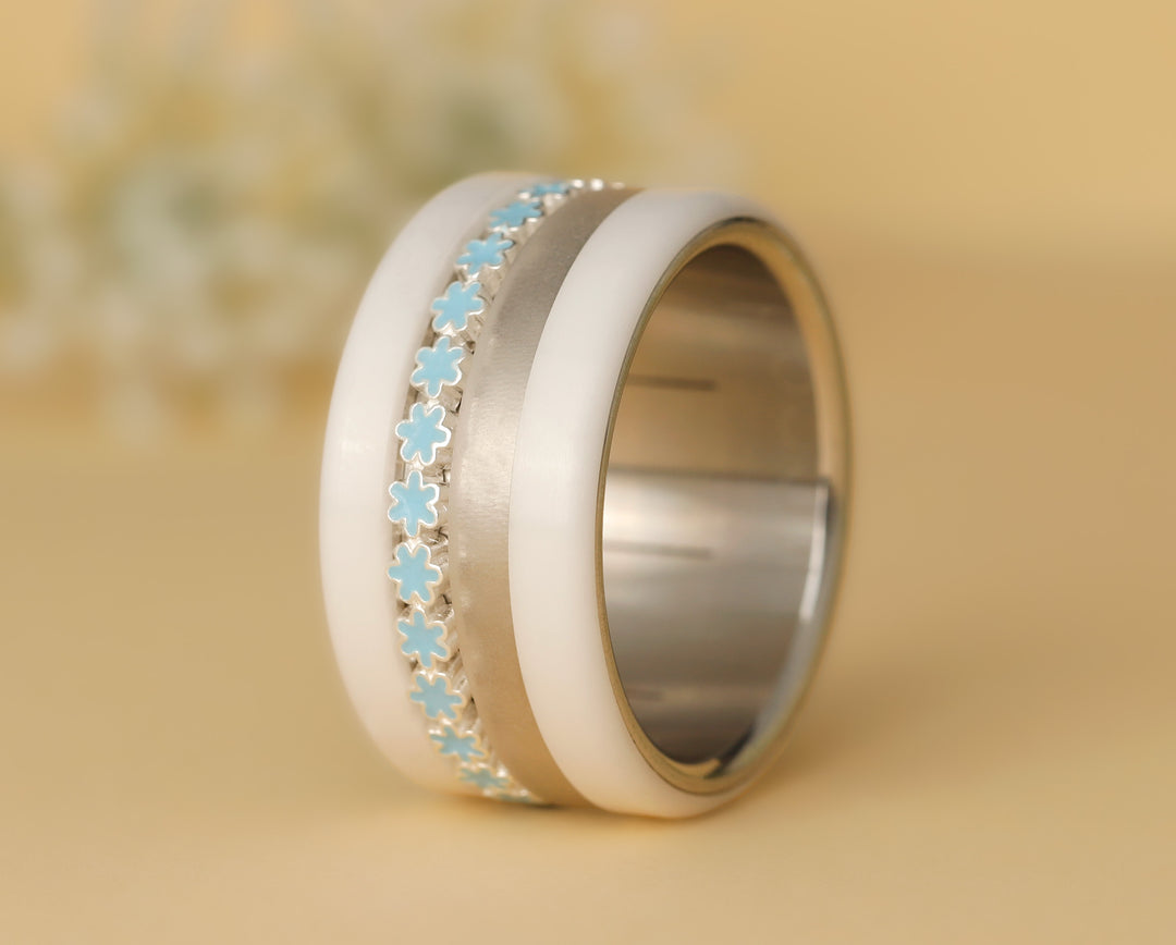 🌼🔵 Inner ring (medium addon) in 925 silver with pastel blue enamel treatment, Ocean of petals for interchangeable mood ring🔵🌼