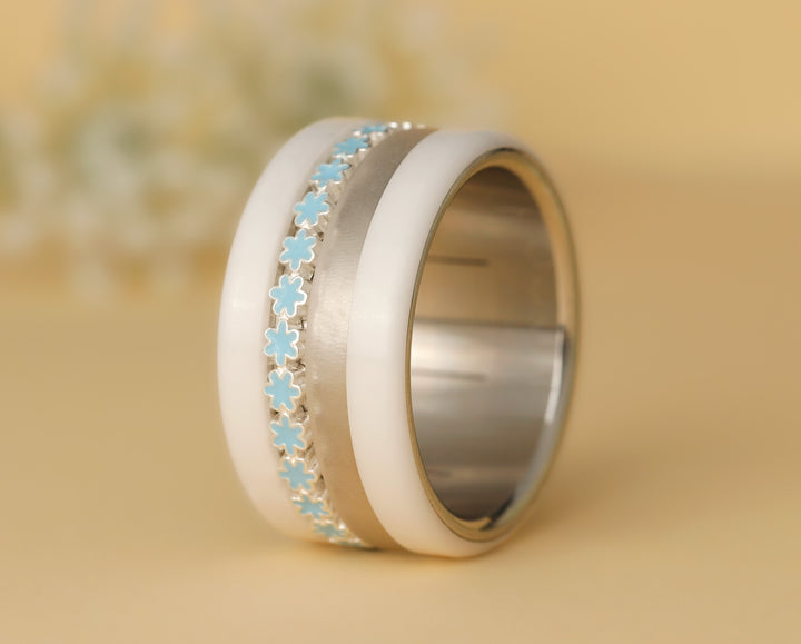 🌼🔵 Inner ring (medium addon) in 925 silver with pastel blue enamel treatment, Ocean of petals for interchangeable mood ring🔵🌼