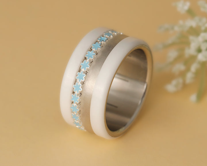 🌼🔵 Inner ring (medium addon) in 925 silver with pastel blue enamel treatment, Ocean of petals for interchangeable mood ring🔵🌼