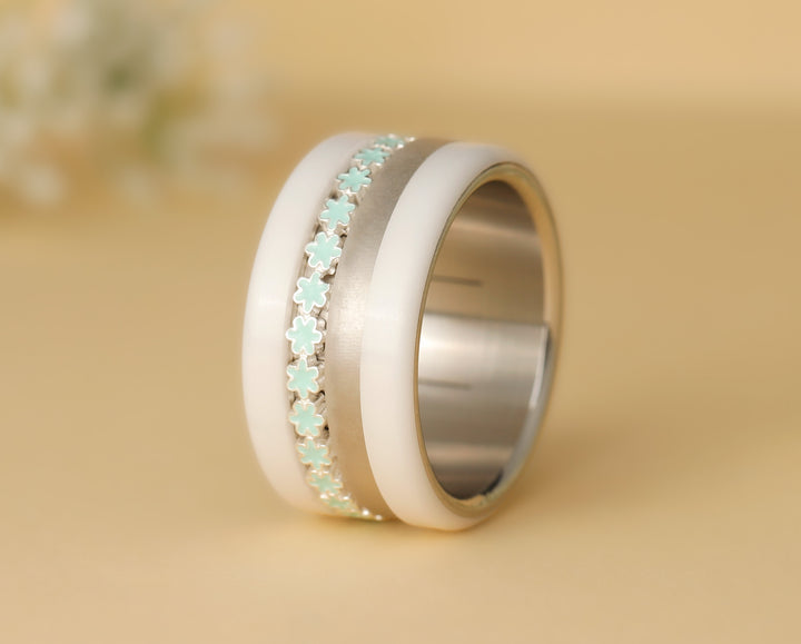 🌼🟢 Anneau (addon medium) en argent 925 avec traitement en émail turquoise, Océan de pétales pour bague mood interchangeable 🟢🌼