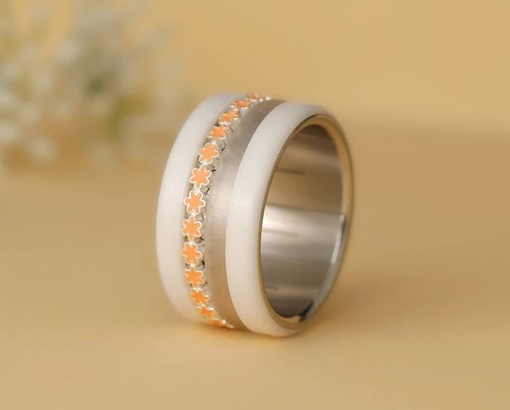 🌼🟠 Inner ring (medium addon) in 925 silver with coral enamel treatment, Ocean of petals for interchangeable mood ring 🟠🌼
