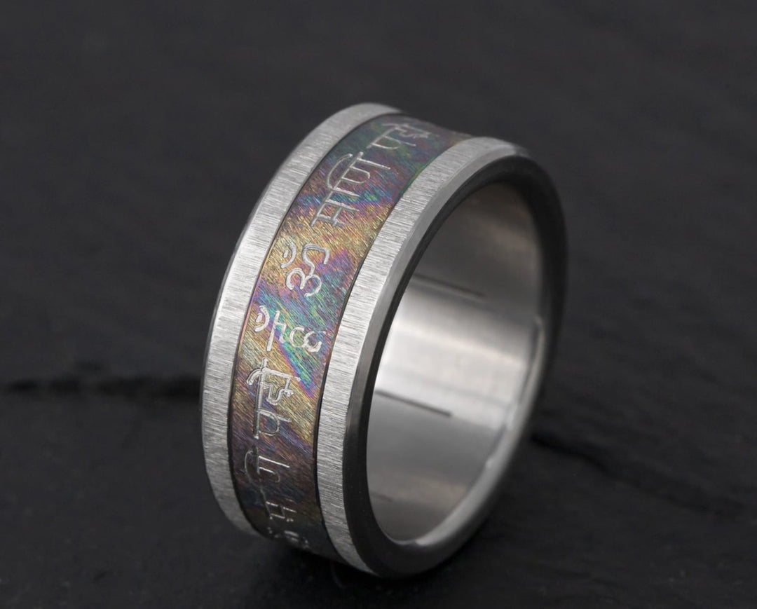 Anneau (deux tiers) Om Mani Padme Hum en titane Clawgrunge nacré, gravé, pour bague mood interchangeable