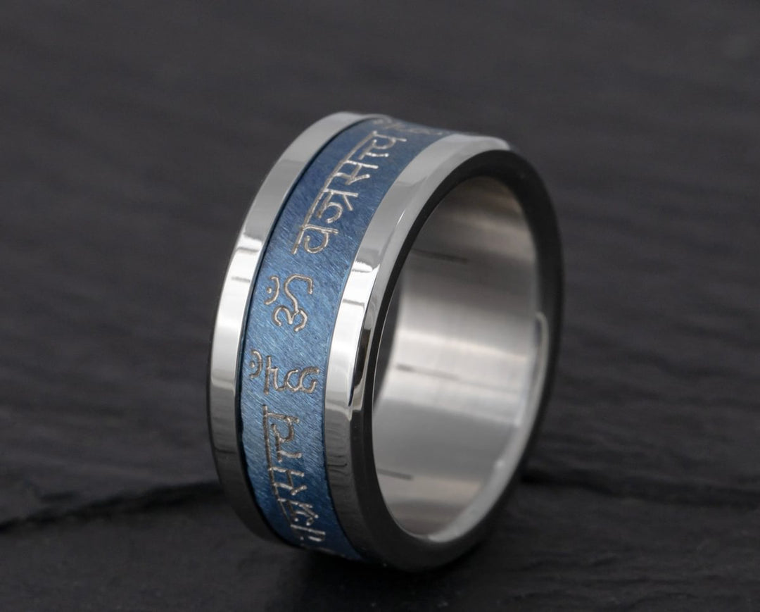 Anneau (deux tiers) Mantra de Vajrasattva en titane Clawgrunge bleu gravé pour bague mood interchangeable