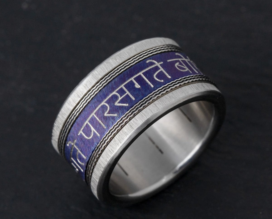 Anneau (deux tiers) Mantra du Sutra du Cœur en titane Clawgrunge dégradé bleu-violet, gravé, pour bague mood interchangeable