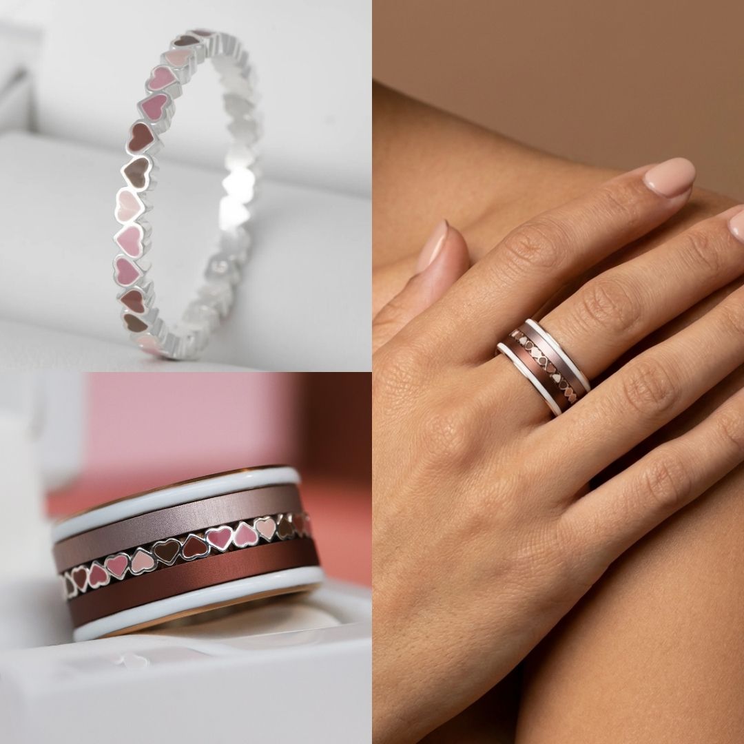 🤎 Anneau (addon medium) "Coeurs Unis" en argent 925 avec revêtement en émail