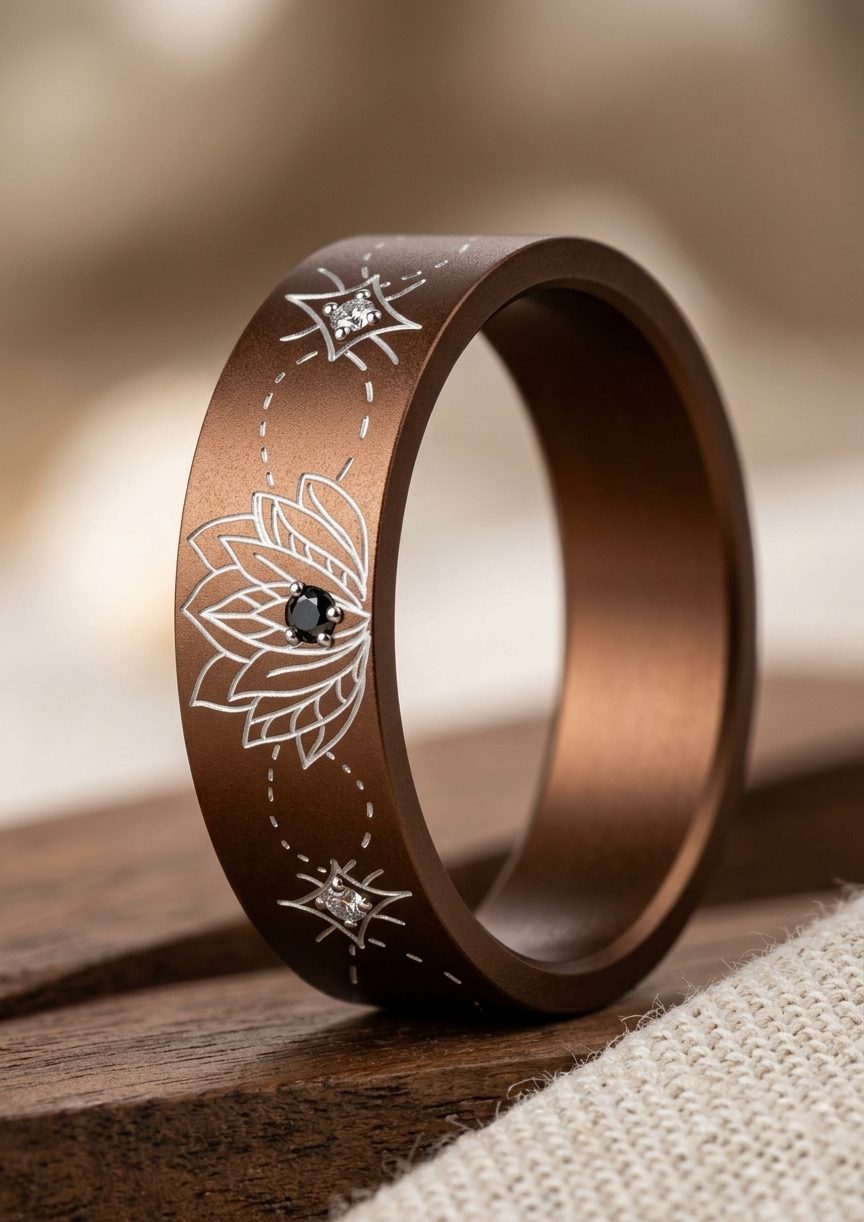 🪷 Serenity — addon en aluminium ocre gravé de lotus, serti de diamants noirs & blancs | par Christelle Disière