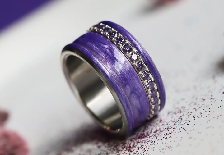 Améthyste Boréale 🔮 anneau (deux tiers) en argent 925 avec un revêtement en émail violet nacré