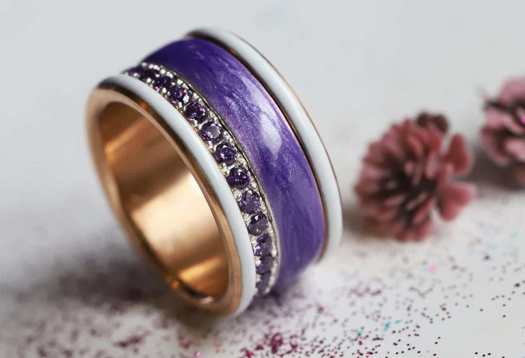 Améthyste Boréale 🔮 anneau (deux tiers) en argent 925 avec un revêtement en émail violet nacré