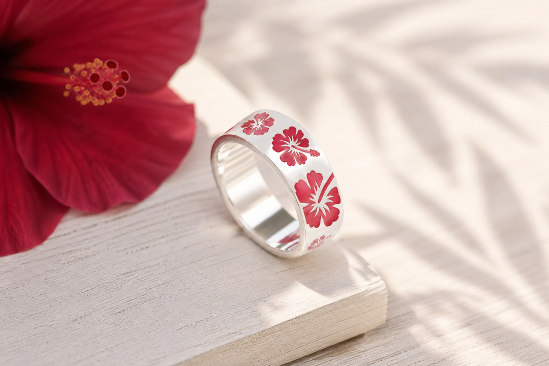 💍 Anneau (addon) "Hibiscus" en argent émaillé