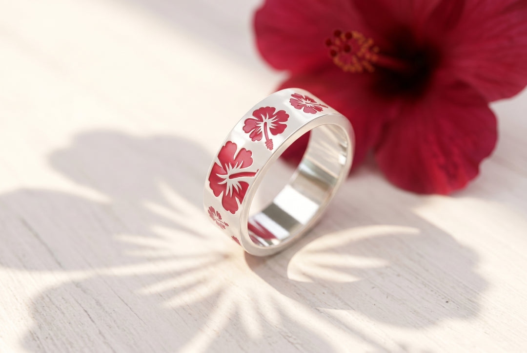 💍 Anneau (addon) "Hibiscus" en argent émaillé