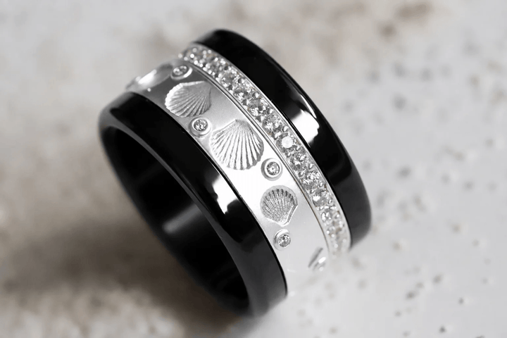🐚 Ring (2/3 Addon) „Aphros“ aus satiniertem Silber, Muschelabdruck