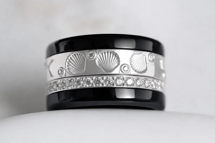 🐚 Ring (2/3 Addon) „Aphros“ aus satiniertem Silber, Muschelabdruck