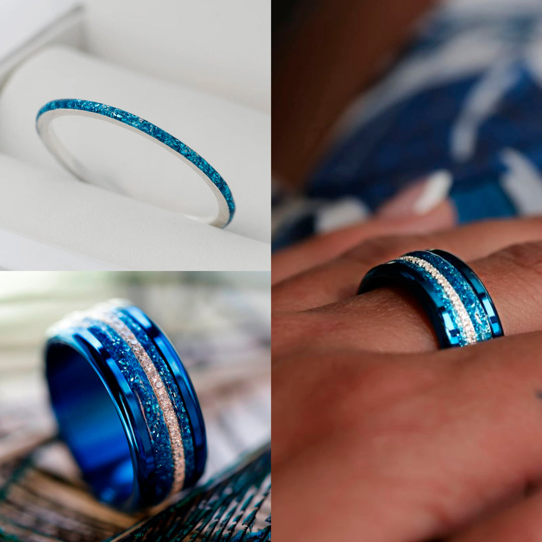 Blauer Mond 🌘 Set von 2 Innenring (Mini Addons) aus 925er Silber mit blauer Emaillebeschichtung - Pailletten
