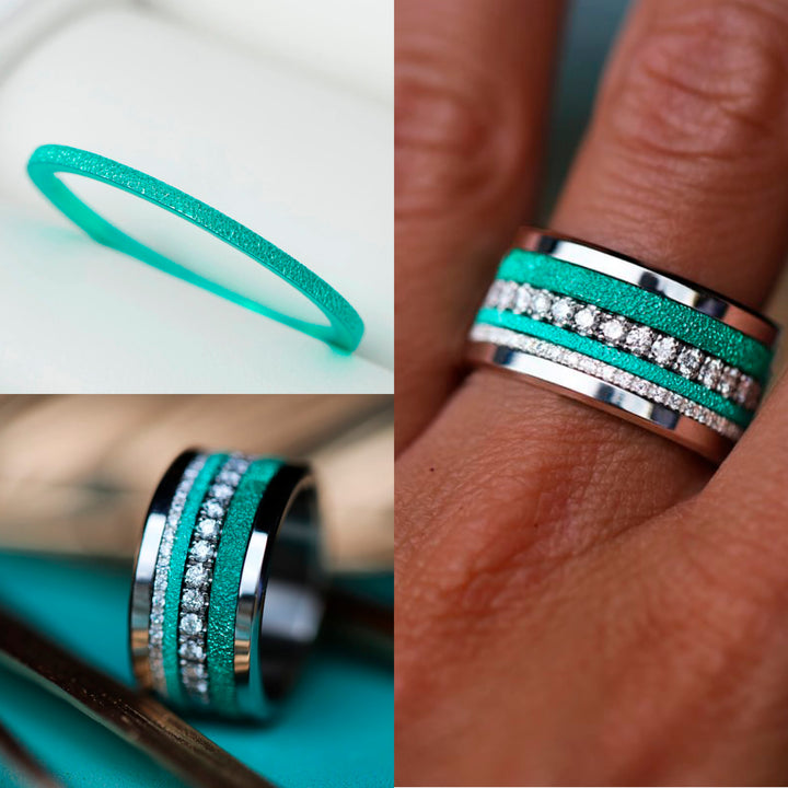 🏝️ Set of 2 inner rings (mini addons) in 925 silver "Siwa" intense glitter green finish for interchangeable mood ring
