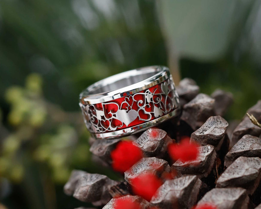bague acier femme gravure coeurs et couleur interchangeable mood rouge 2