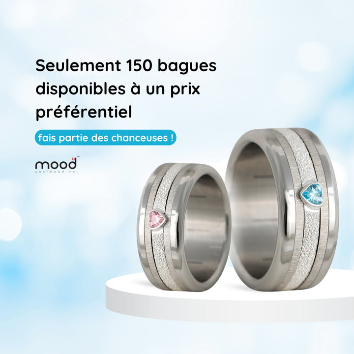 bague en argent avec brillant bleu en forme de coeur et anneaux interchangeables en acier inoxydable de la marque mood quantité limitée à 150