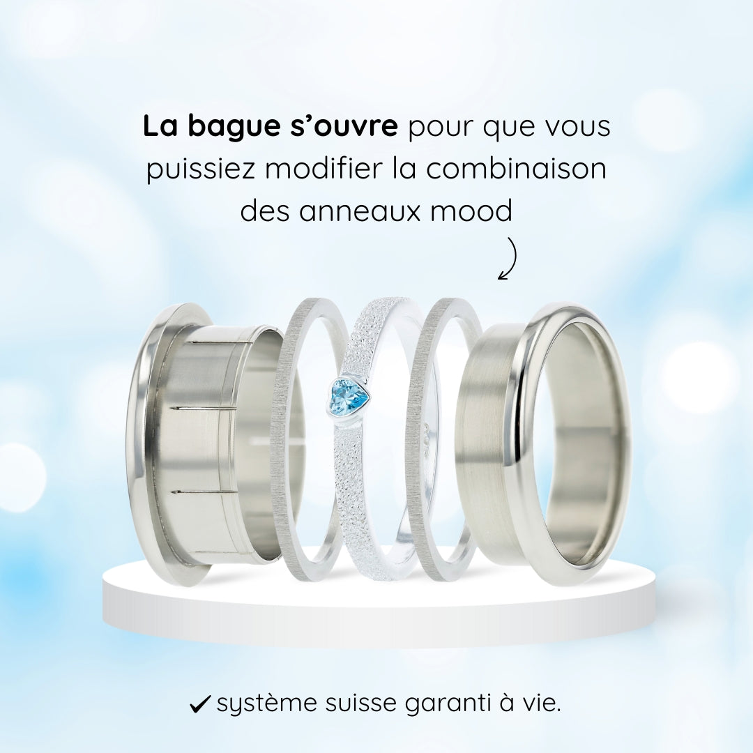 bague en argent avec brillant bleu en forme de coeur et anneaux interchangeables en acier inoxydable de la marque mood schema du concept
